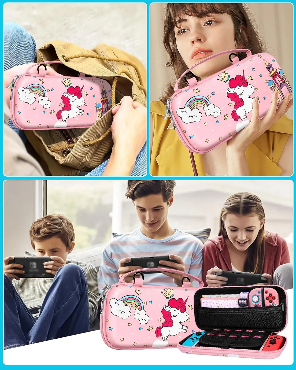 9in1 Unicorn Switch Case for Nintendo Switch Carrying Cases & Storage Accessories Bundle Kit Thumb Grips Game Holder Dockable Skin Shoulder Strap Sticker for Switch Travel Pouch Bag
