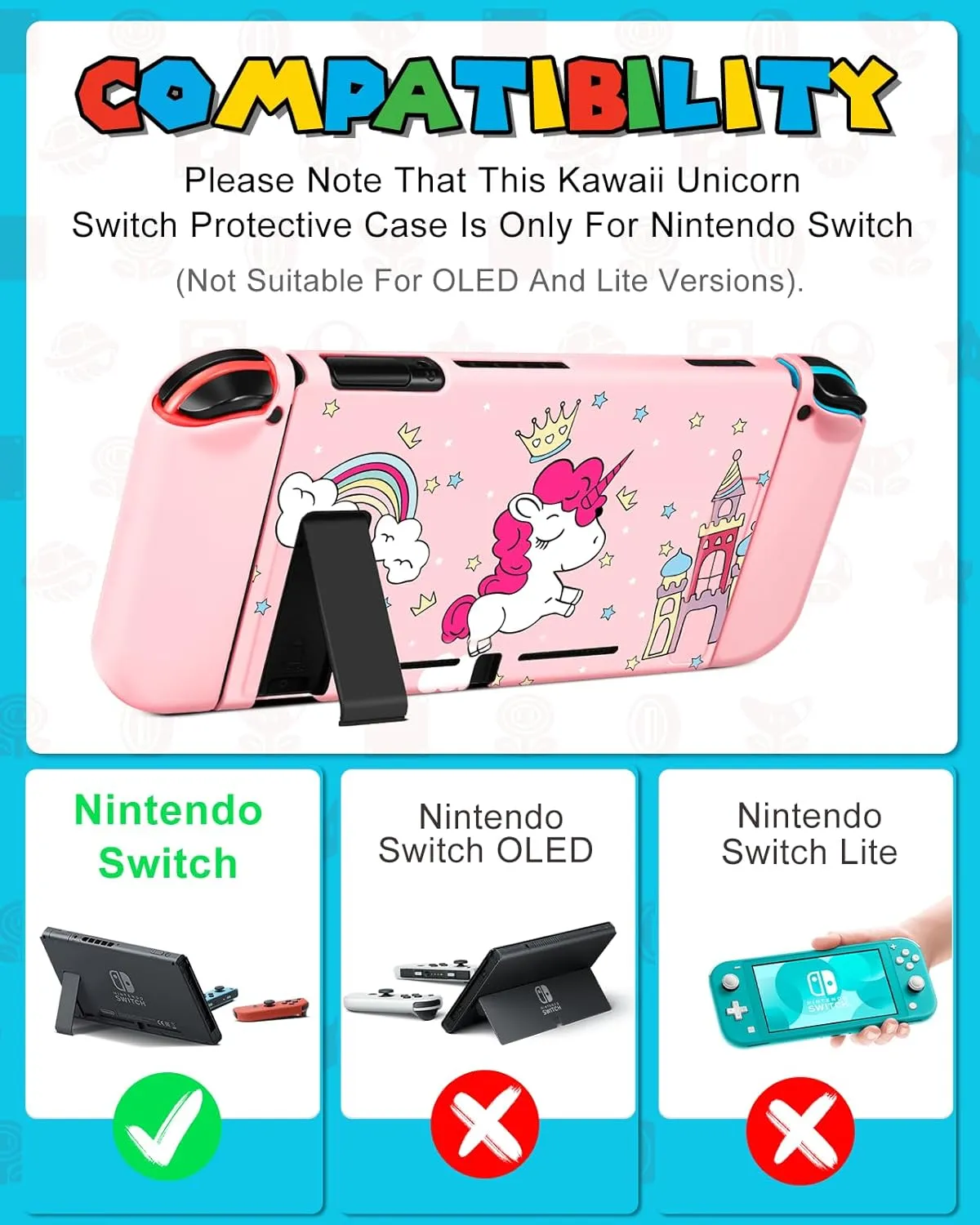 9in1 Unicorn Switch Case for Nintendo Switch Carrying Cases & Storage Accessories Bundle Kit Thumb Grips Game Holder Dockable Skin Shoulder Strap Sticker for Switch Travel Pouch Bag