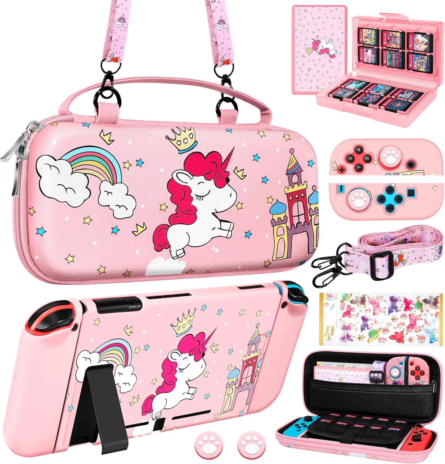 9in1 Unicorn Switch Case for Nintendo Switch Carrying Cases & Storage Accessories Bundle Kit Thumb Grips Game Holder Dockable Skin Shoulder Strap Sticker for Switch Travel Pouch Bag
