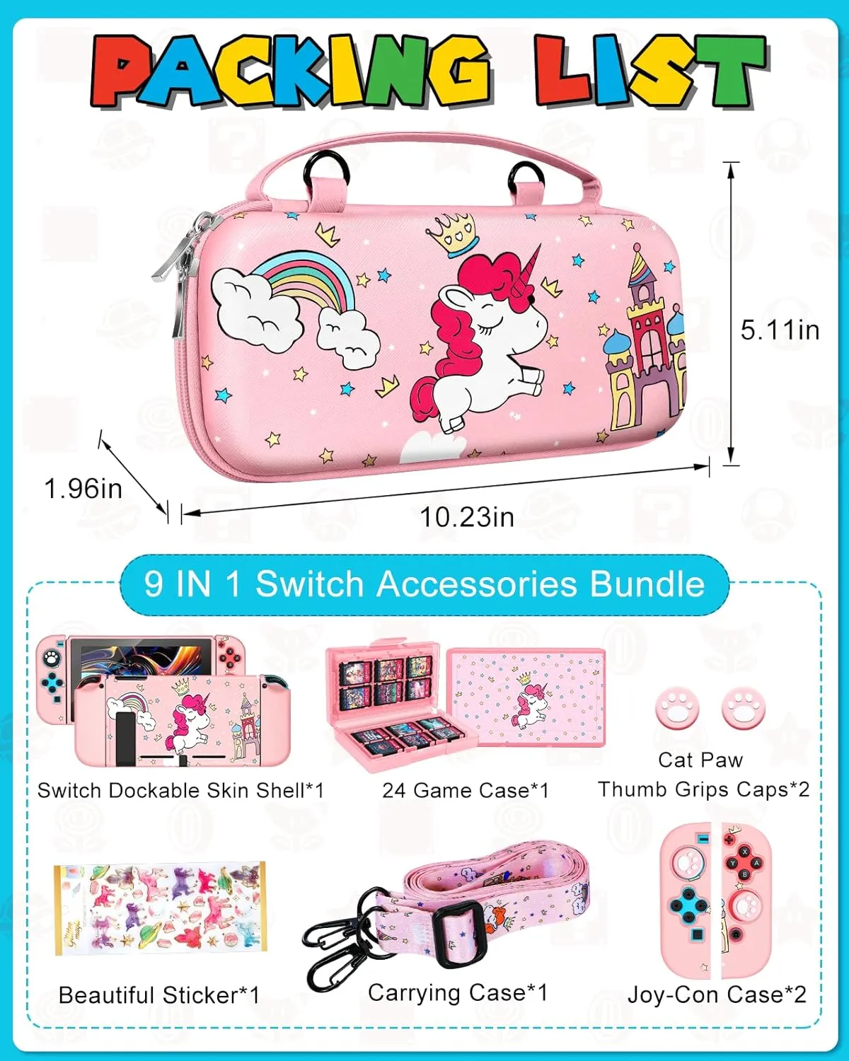 9in1 Unicorn Switch Case for Nintendo Switch Carrying Cases & Storage Accessories Bundle Kit Thumb Grips Game Holder Dockable Skin Shoulder Strap Sticker for Switch Travel Pouch Bag