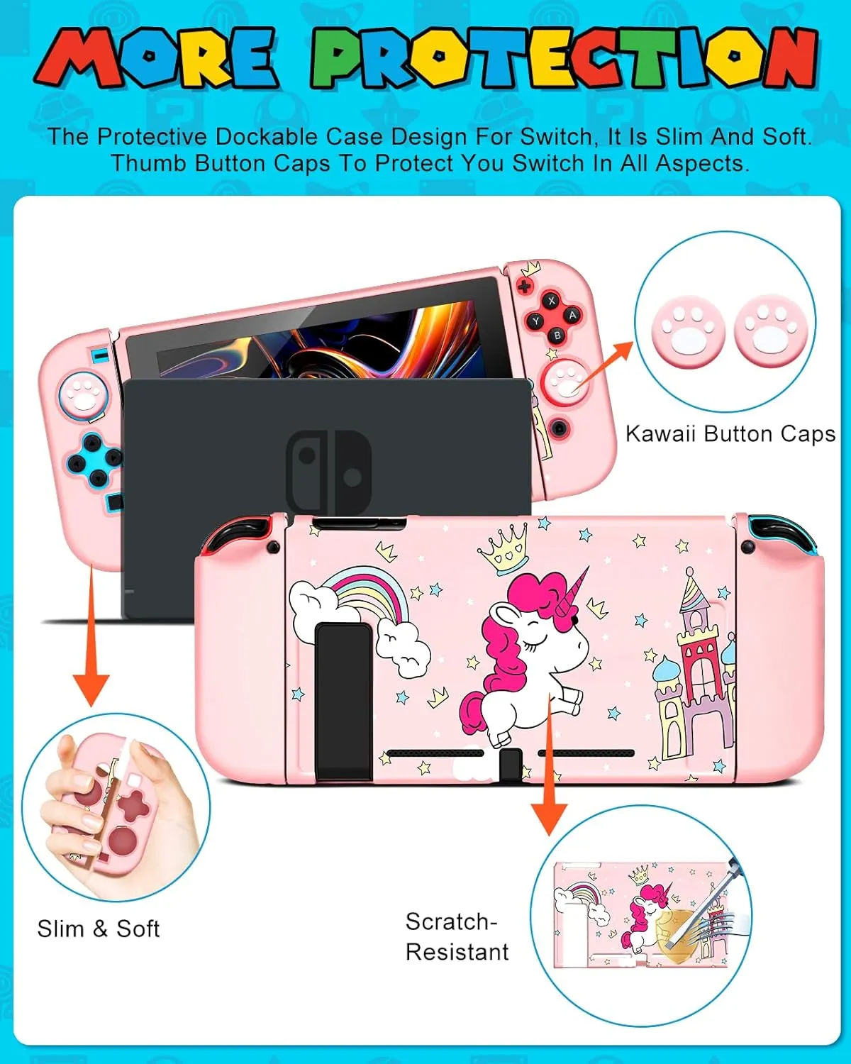 9in1 Unicorn Switch Case for Nintendo Switch Carrying Cases & Storage Accessories Bundle Kit Thumb Grips Game Holder Dockable Skin Shoulder Strap Sticker for Switch Travel Pouch Bag