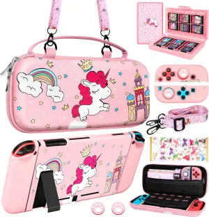 9in1 Unicorn Switch Case for Nintendo Switch Carrying Cases & Storage Accessories Bundle Kit Thumb Grips Game Holder Dockable Skin Shoulder Strap Sticker for Switch Travel Pouch Bag