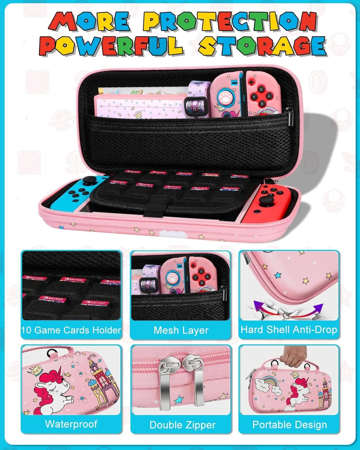 9in1 Unicorn Switch Case for Nintendo Switch Carrying Cases & Storage Accessories Bundle Kit Thumb Grips Game Holder Dockable Skin Shoulder Strap Sticker for Switch Travel Pouch Bag