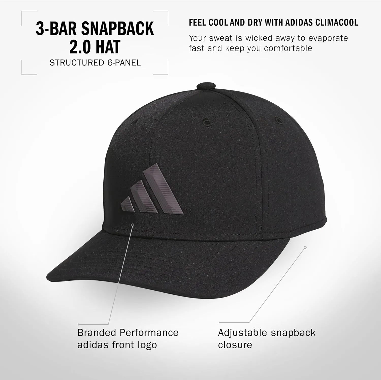 adidas Men's Three Bar Structured Snapback Adjustable Fit Hat 2.0
