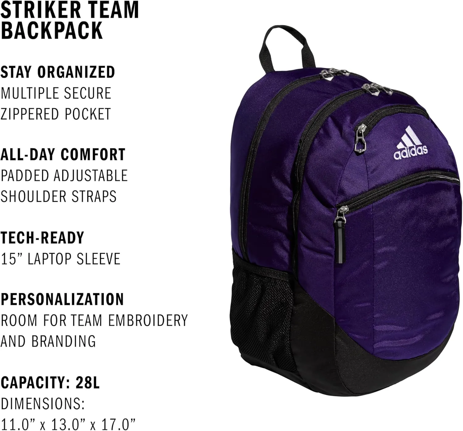 adidas Striker Sports Backpack for Soccer and More, Workout Bag for Men and Women, Team Collegiate Purple/Black/White, One Size