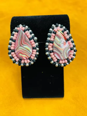 Beaded Pink, Black, Silver Earrings