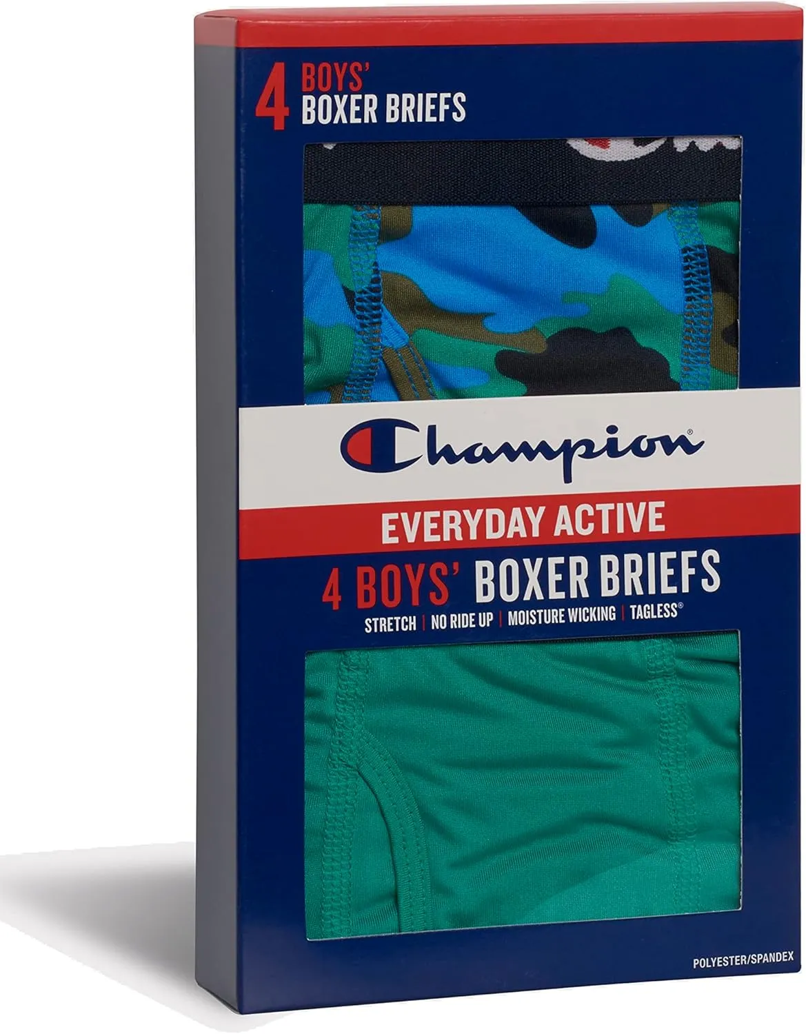 Champion Boys' Underwear, Everyday Active Stretch Boxer Briefs, Assorted 4-Pack