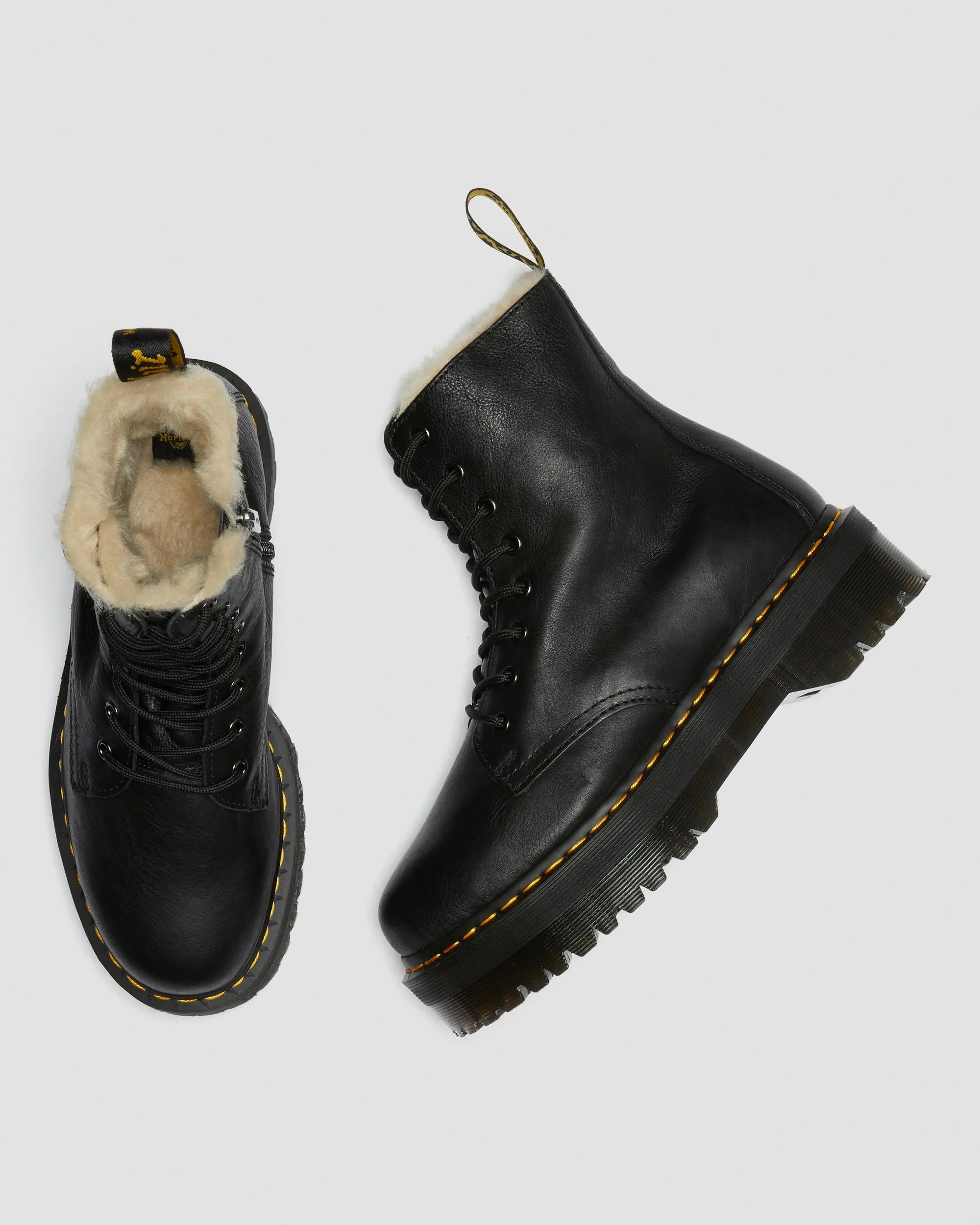 Dr. Jadon leather platform boots with faux fur lining. Martens