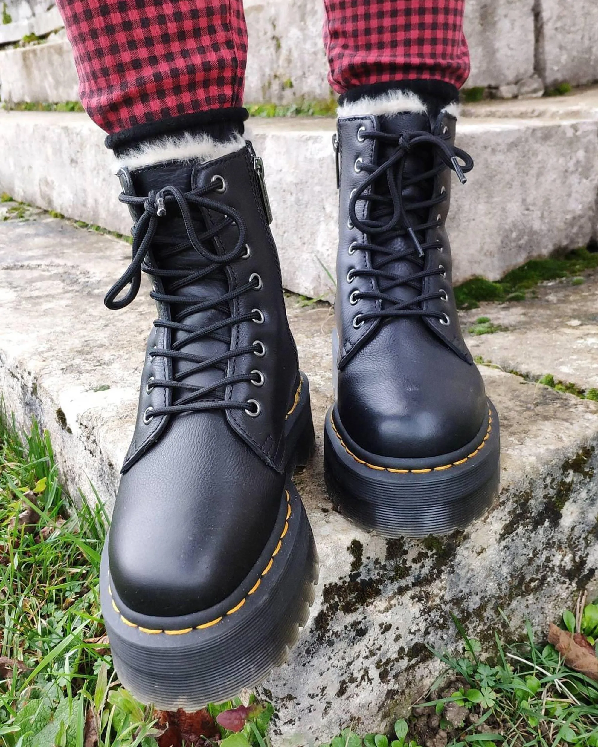 Dr. Jadon leather platform boots with faux fur lining. Martens