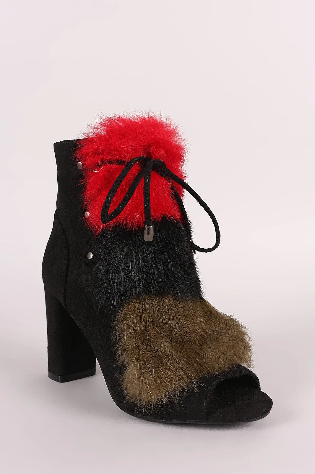 Faux Fur Front Peep Toe Ankle Boots