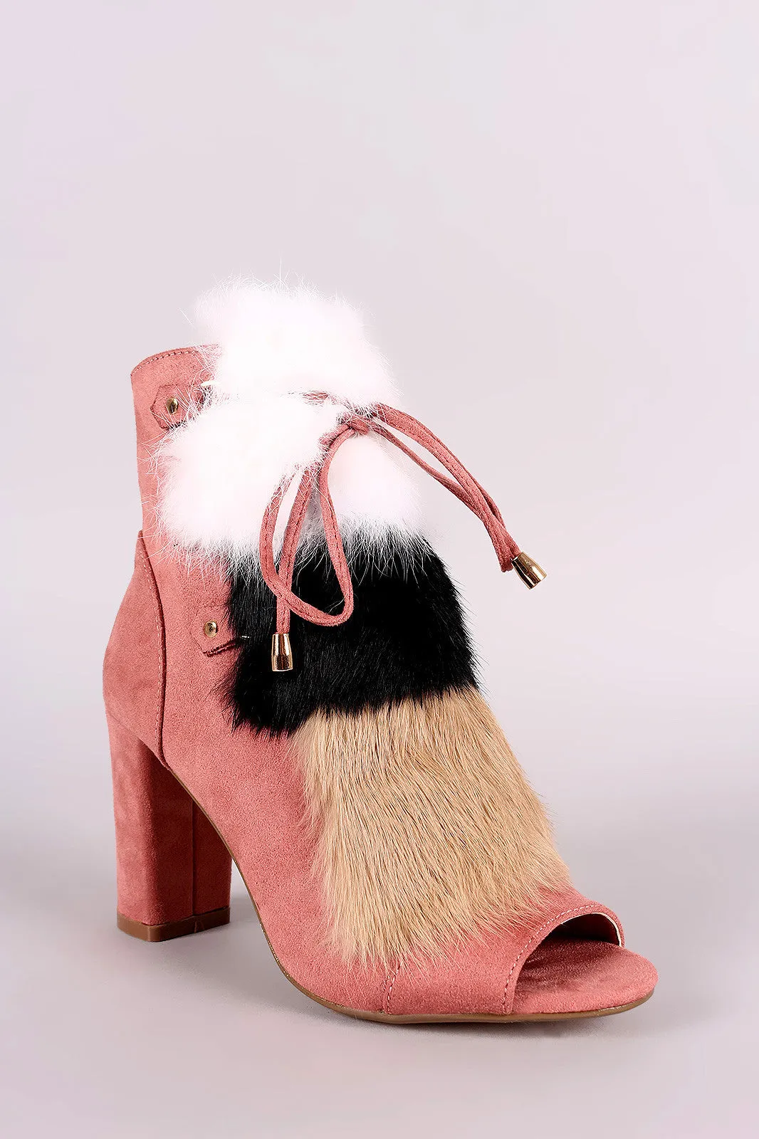 Faux Fur Front Peep Toe Ankle Boots