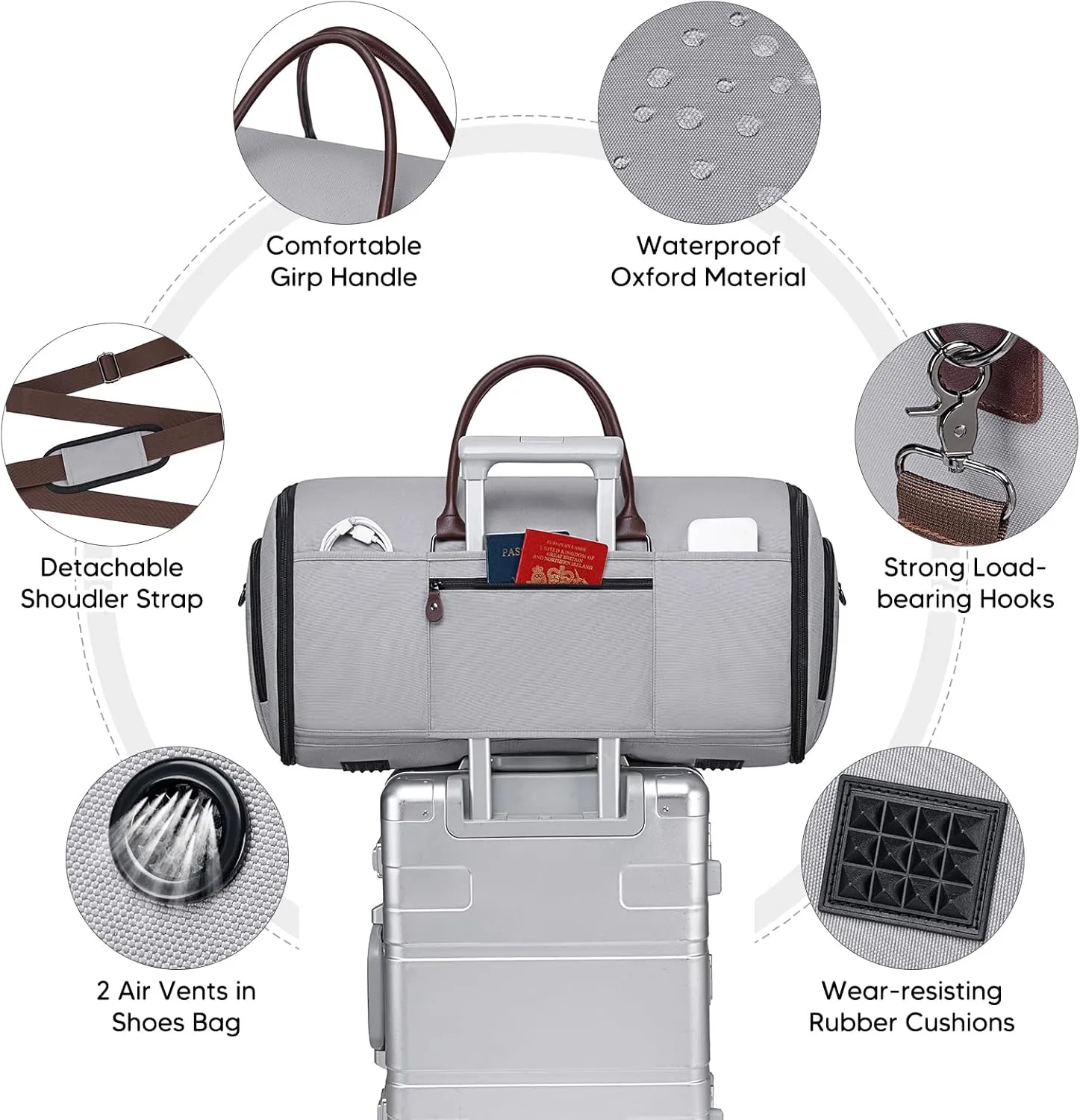 Garment Bag for Travel, Vessgra Carry on Convertible Garment Duffle Bags for Men Women with Shoe Compartment - 2 in 1 Hanging Suitcase Suit Travel Bags-Grey