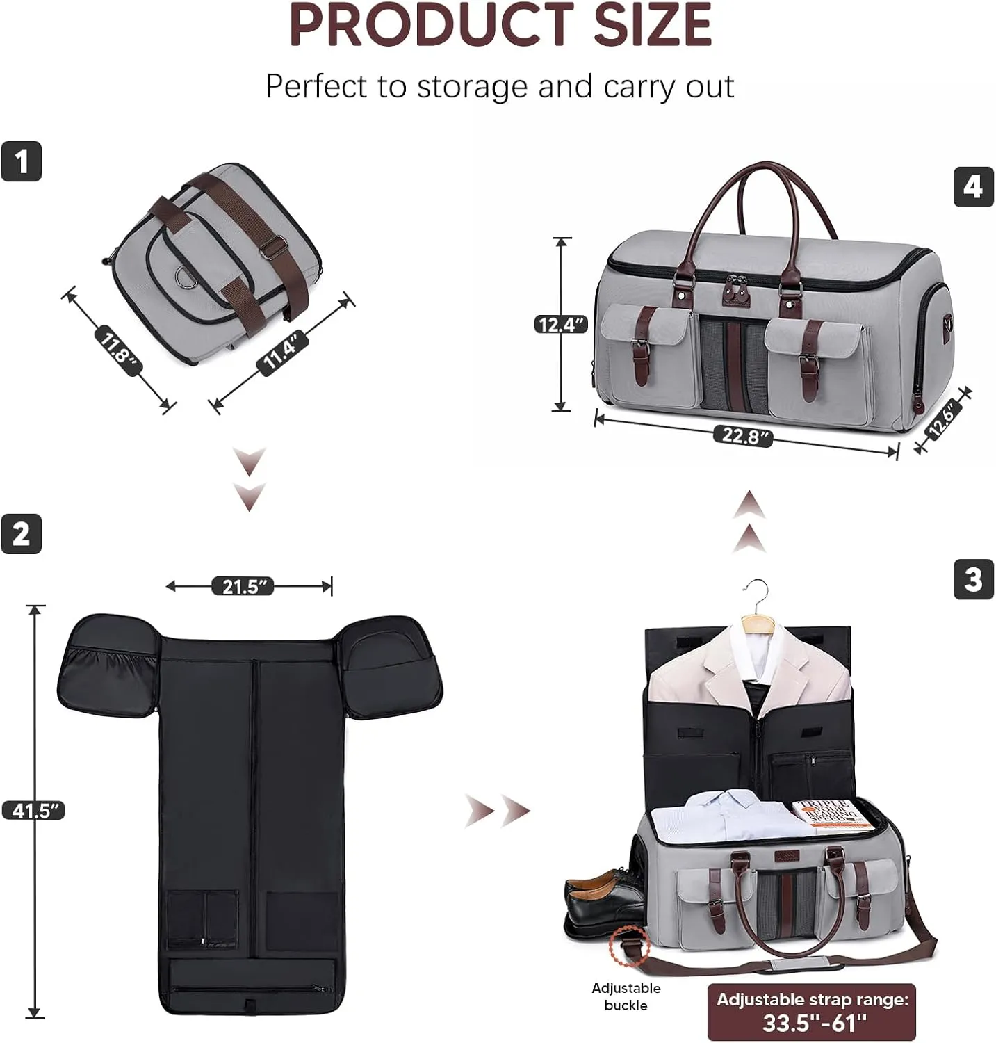 Garment Bag for Travel, Vessgra Carry on Convertible Garment Duffle Bags for Men Women with Shoe Compartment - 2 in 1 Hanging Suitcase Suit Travel Bags-Grey