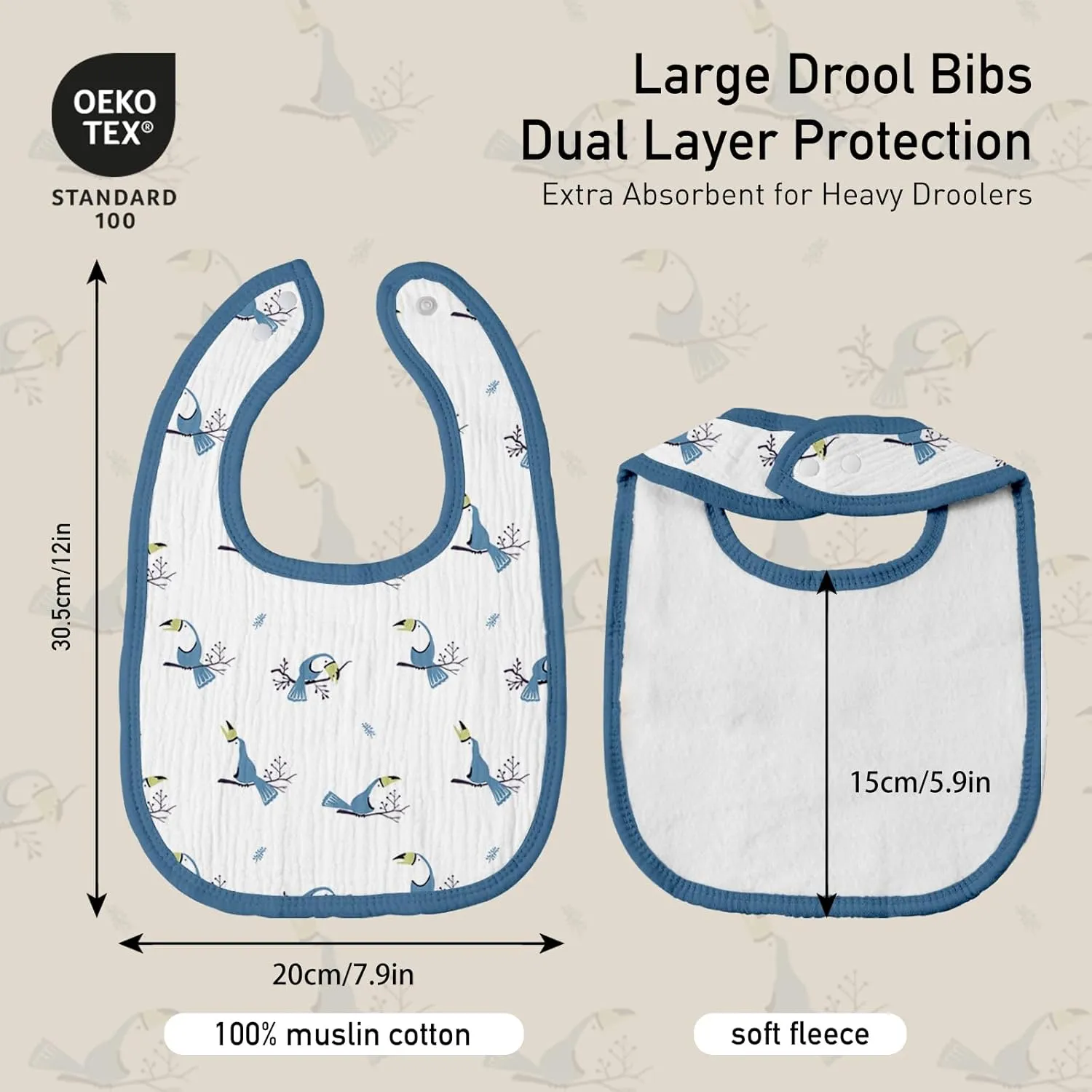 GLLQUEN BABY Muslin Drool Bibs for Boys Girls 8 Pack, Adjustable Baby Bibs for Drooling and Teething, Soft Cotton Baby Bandana Bib for Newborn Feeding Essentials (Toucan)