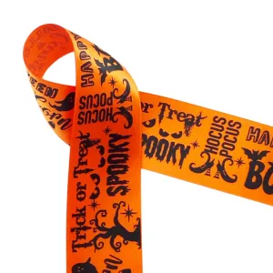 Halloween Word Block Ribbon black text with Halloween elements printed on 1.5" orange ribbon