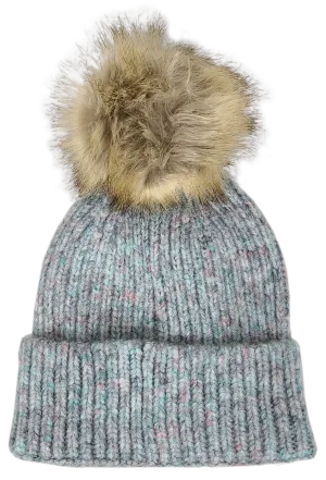 Hat-2074 Beanie with Faux Fur Pom Aqua Multi