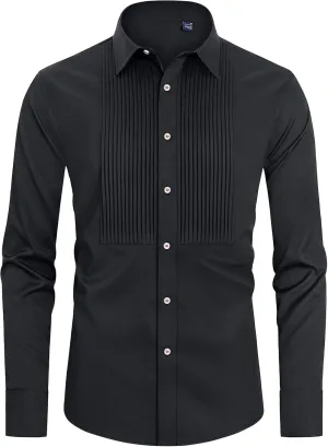 J.VER Men's Tuxedo Shirt Formal Dress Shirt Pleated Long Sleeve Button Down Shirts for Prom Party Wedding