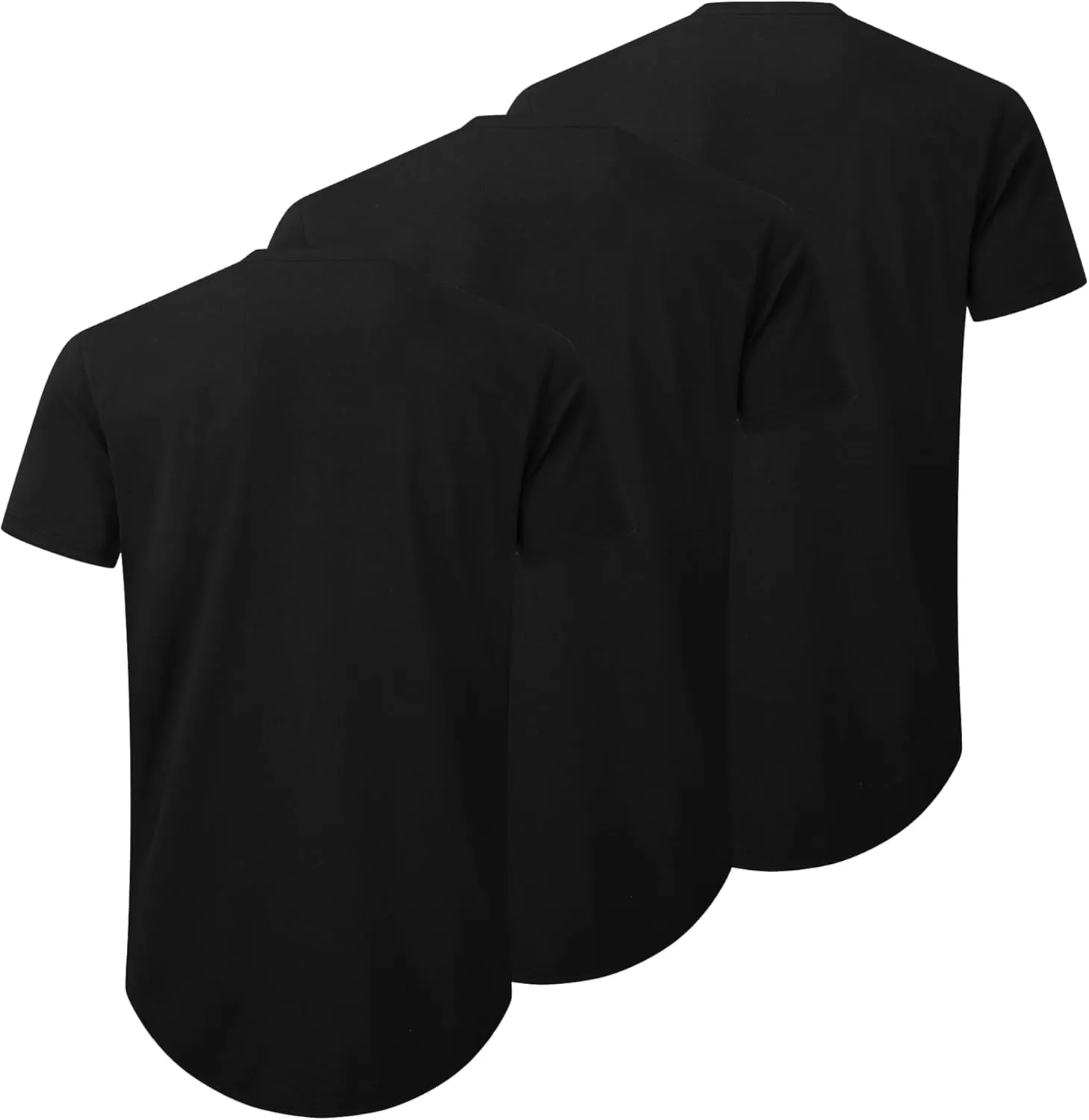 Mens 3 Pack Plain Cotton Shirts Short Sleeve Casual Crew Neck T-Shirts Hipster Hip Hop Longline Tees Drop Cut Curved Hem