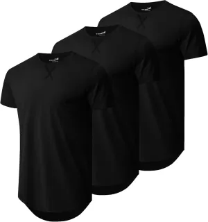 Mens 3 Pack Plain Cotton Shirts Short Sleeve Casual Crew Neck T-Shirts Hipster Hip Hop Longline Tees Drop Cut Curved Hem