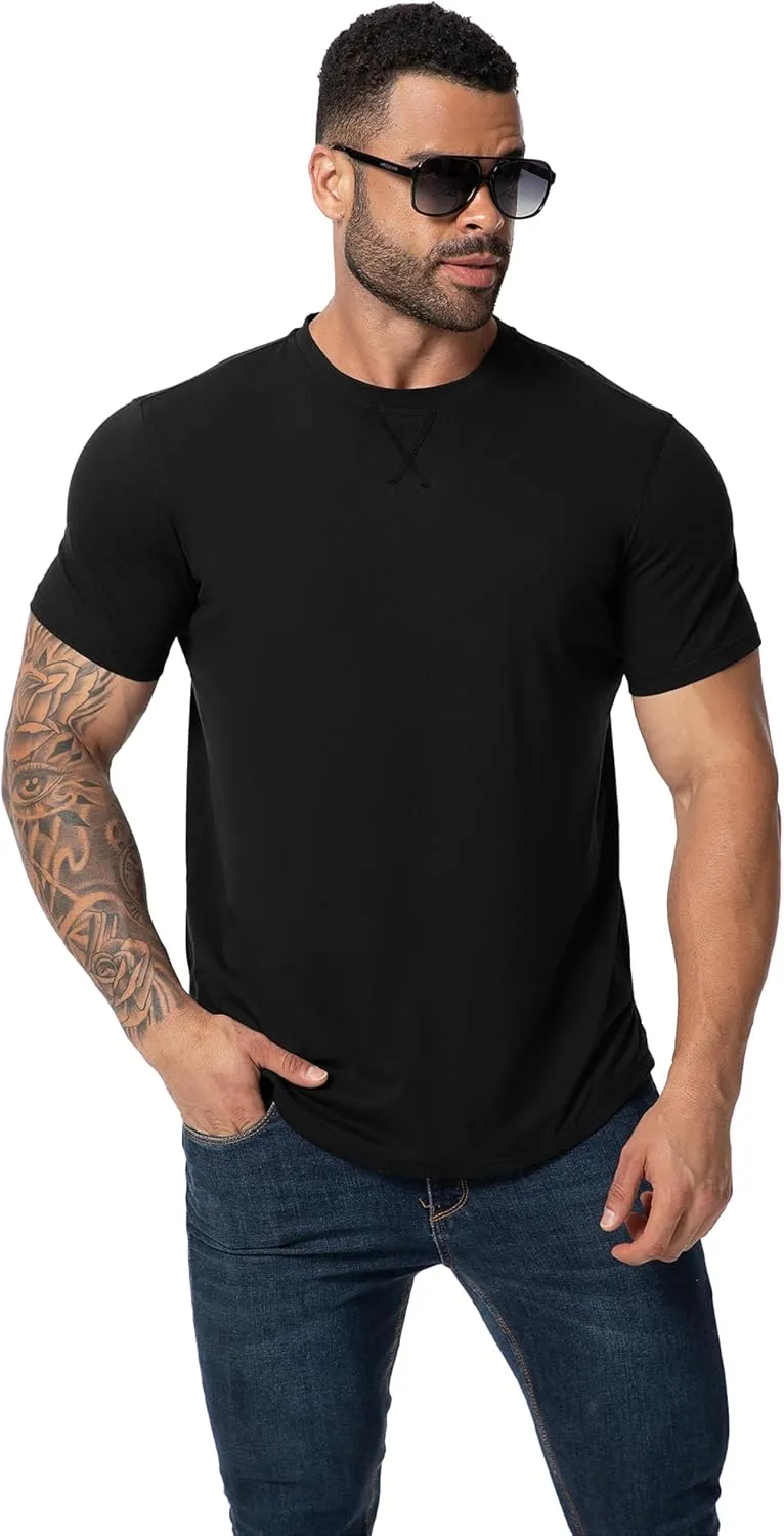 Mens 3 Pack Plain Cotton Shirts Short Sleeve Casual Crew Neck T-Shirts Hipster Hip Hop Longline Tees Drop Cut Curved Hem