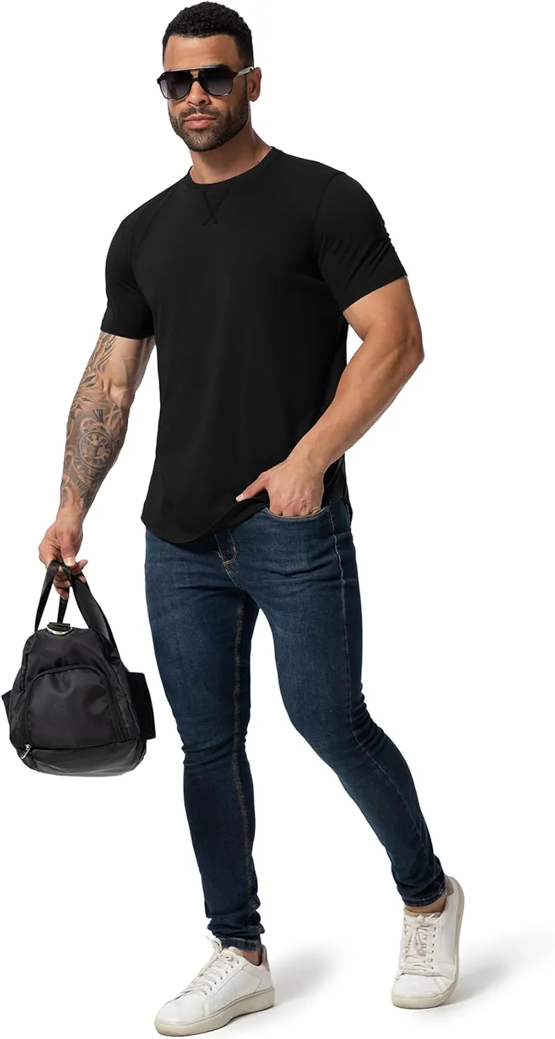 Mens 3 Pack Plain Cotton Shirts Short Sleeve Casual Crew Neck T-Shirts Hipster Hip Hop Longline Tees Drop Cut Curved Hem
