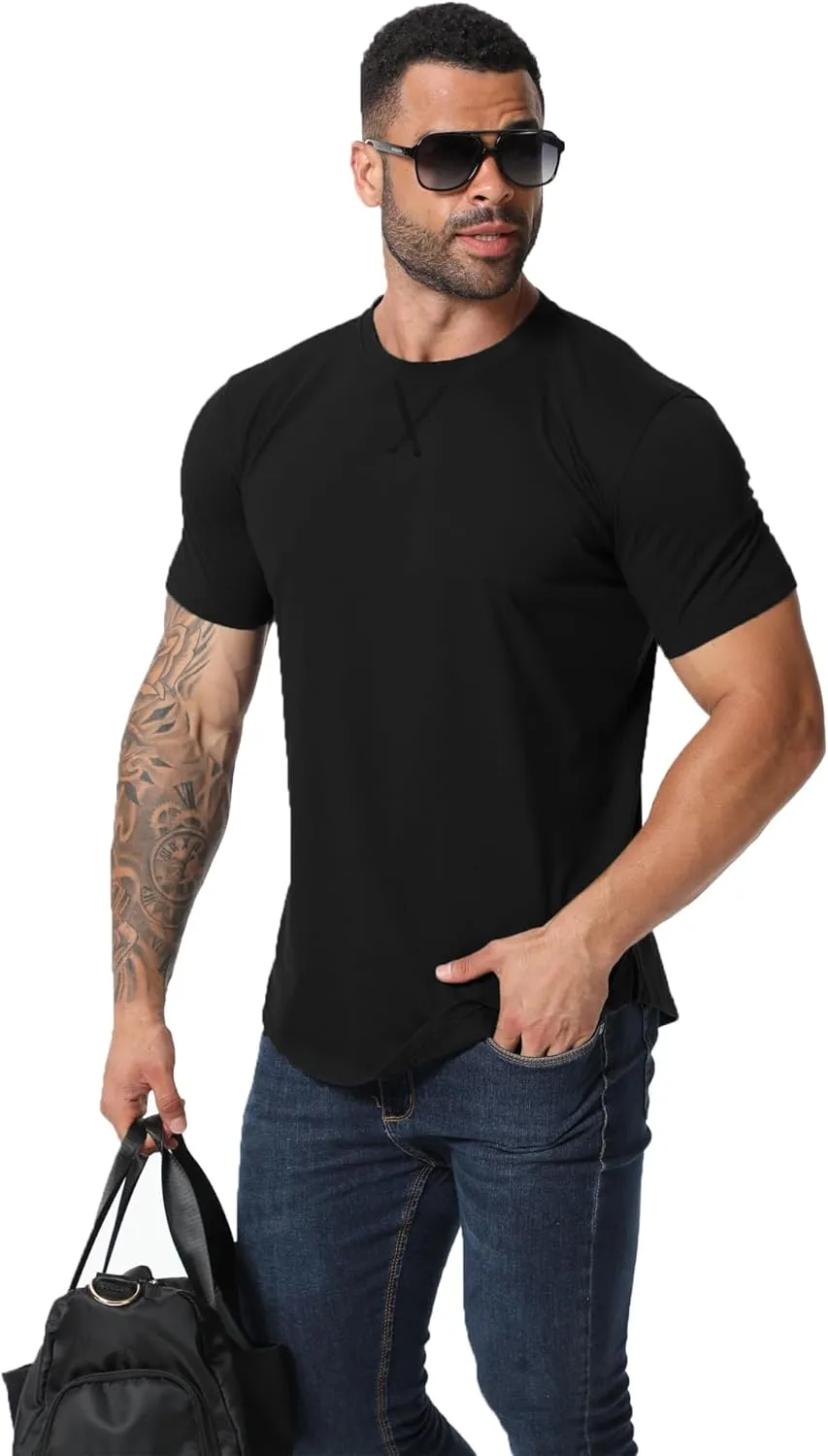 Mens 3 Pack Plain Cotton Shirts Short Sleeve Casual Crew Neck T-Shirts Hipster Hip Hop Longline Tees Drop Cut Curved Hem