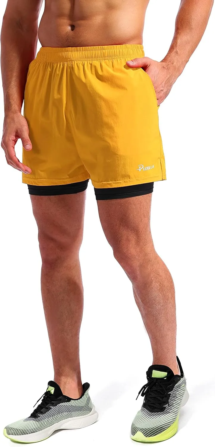 Pudolla Men??s 2 in 1 Running Shorts 5"/7" Quick Dry Gym Athletic Workout Shorts for Men with Phone Pockets