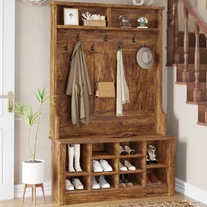 relaxed Tall Hall Tree with Shoe Bench, 3-in-1 Entryway Coat Rack with Storage Bench,White