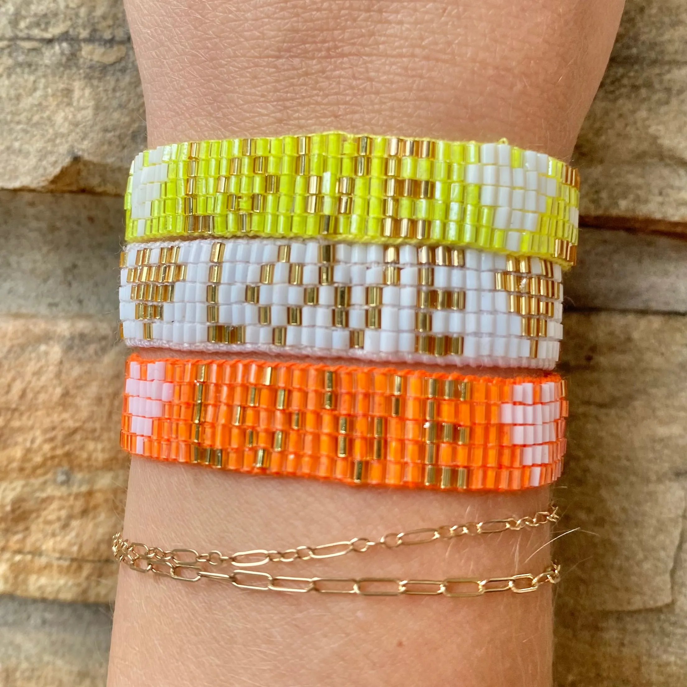 Seed Bead LOVE with Hearts Bracelet - Neon Orange
