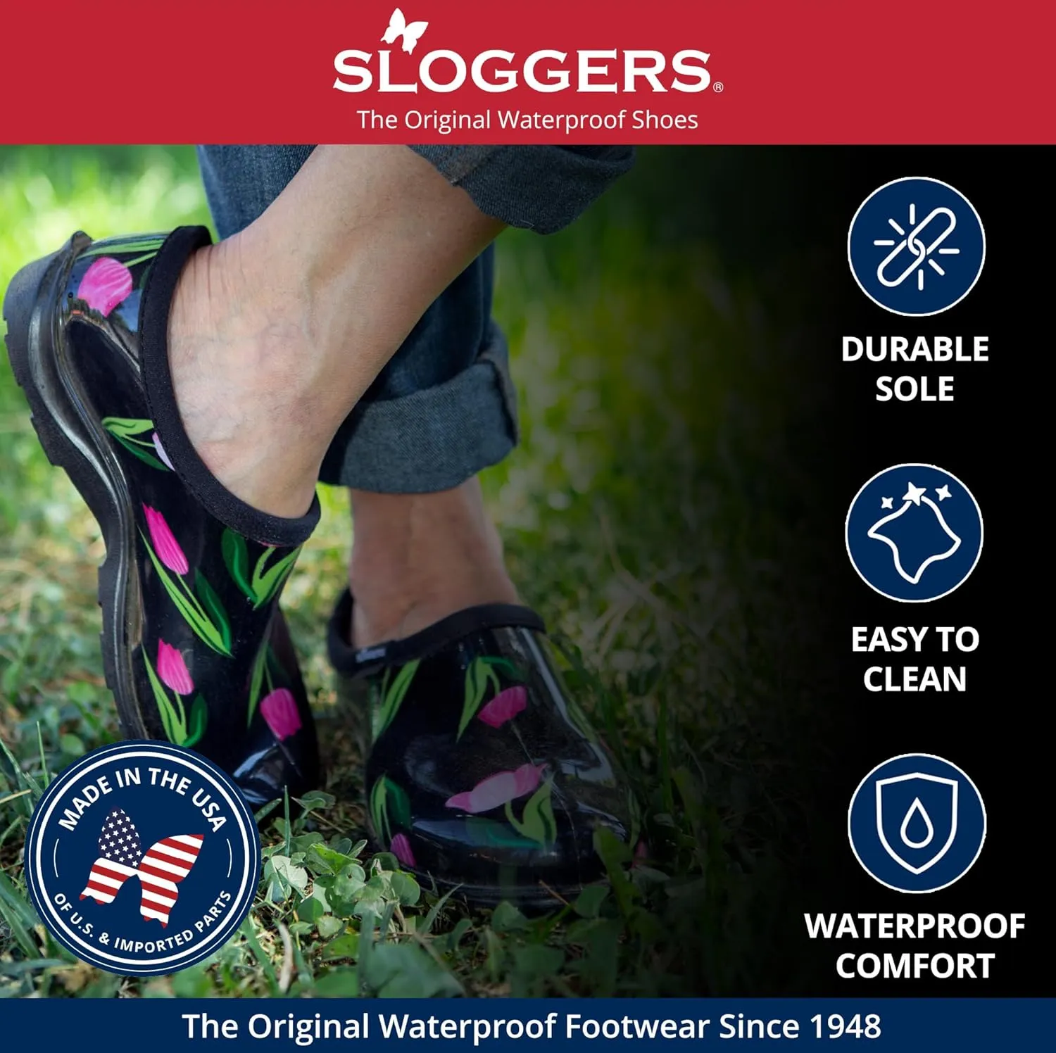 Sloggers Original Waterproof Rain and Garden Shoe for Women Outdoor Slip-On Garden Clog - Made in The USA with Premium Comfort Insole and Arch Support - Sunflower Print Black, Size 8
