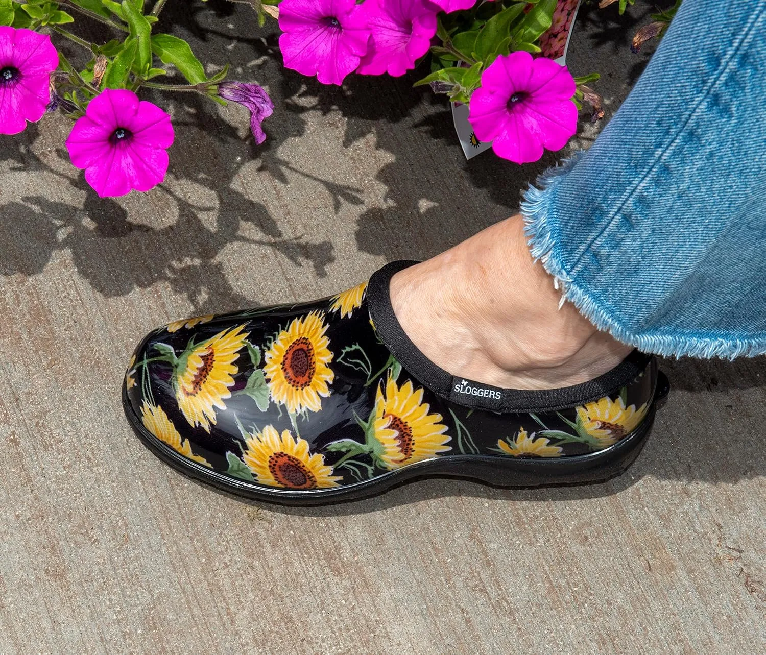 Sloggers Original Waterproof Rain and Garden Shoe for Women Outdoor Slip-On Garden Clog - Made in The USA with Premium Comfort Insole and Arch Support - Sunflower Print Black, Size 8