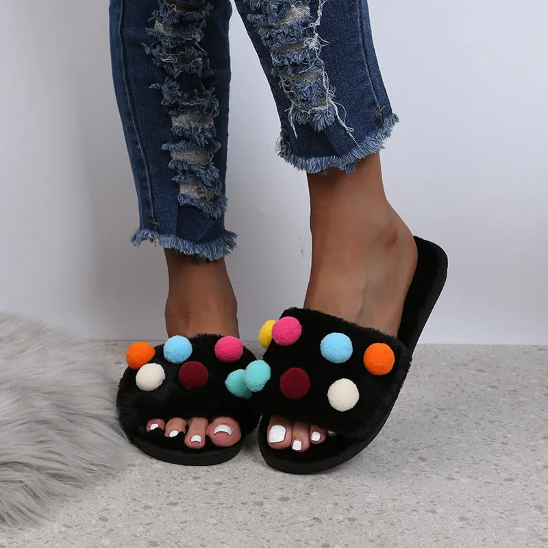 Women's Plush Slippers with PomPoms